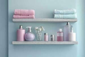 un' pastello bagno mensola con rosa cura della pelle prodotti, copia spazio, striscione, rosa e pastello blu luminosa tavolozza, barbiecore. ai generativo foto