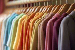 colorato Abiti su un' capi di abbigliamento cremagliera, pastello colorato guardaroba nel un' shopping memorizzare o Camera da letto, arcobaleno colore Abiti scelta su grucce, casa armadio concetto Immagine. ai generativo foto