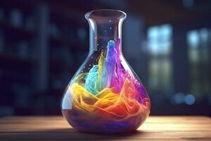 vicino su di un' scienza coppa pieno con Multi colorato liquidi. ai generativo foto