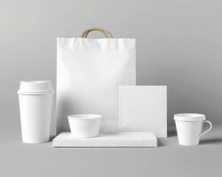 vuoto Borsa, caffè tazza, e tazza su un' leggero sfondo. generativo ai foto