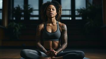 un' nero donna praticante yoga foto