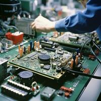 un' lavoratore maneggio un elettronico circuito tavola. il lavoratore è assemblaggio o analisi il tavola foto