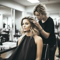 un' donna ottenere un' taglio di capelli nel un' salone foto