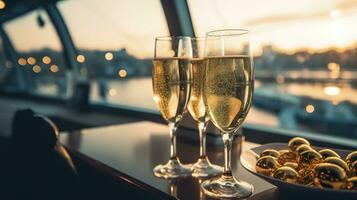 lusso sera festa su un' crociera yacht con un' Champagne ambientazione. Champagne bicchieri e bottiglie con Champagne con bokeh yacht nel il sfondo, nessuno. ai generativo foto