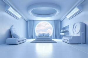 un' professionale e occhio attraente leggero blu con bianca vivente camera nel il metaverso, futuristico, ai generativo foto