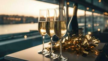 lusso sera festa su un' crociera yacht con un' Champagne ambientazione. Champagne bicchieri e bottiglie con Champagne con bokeh yacht nel il sfondo, nessuno. ai generativo foto