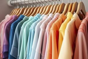 colorato Abiti su un' capi di abbigliamento cremagliera, pastello colorato guardaroba nel un' shopping memorizzare o Camera da letto, arcobaleno colore Abiti scelta su grucce, casa armadio concetto Immagine. ai generativo foto