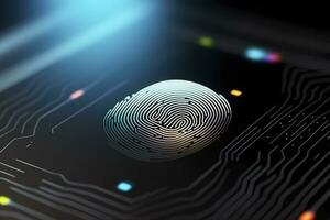 impronta digitale autenticazione pulsante. biometrico sicurezza. identificazione e informatica sicurezza concetto. raggiante neon impronta digitale su buio sfondo. ai generativo foto