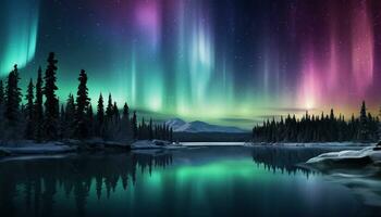 aurora Borealis lago nevoso alberi montagne. creato con generativo ai foto