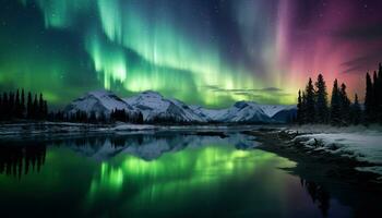 aurora Borealis lago nevoso alberi montagne. creato con generativo ai foto