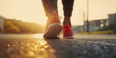 vicino su su il scarpa, corridore atleta piedi in esecuzione su il strada sotto luce del sole nel il mattina. ai generativo foto