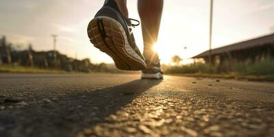 vicino su su il scarpa, corridore atleta piedi in esecuzione su il strada sotto luce del sole nel il mattina. ai generativo foto