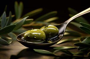 oliva olio su verde olive con le foglie. creato con generativo ai foto
