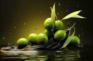 oliva olio su verde olive con le foglie. creato con generativo ai foto