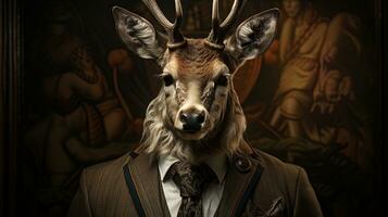 ritratto di un' nobile cervo nel un' completo da uomo e cravatta su un' buio sfondo. ai generativo foto