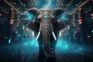 elefante nel futuristico buio camera con luci e Fumo. ai generativo foto