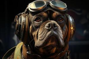 ritratto di un' francese bulldog nel di aviatore casco. antropomorfo animale. ai generativo foto