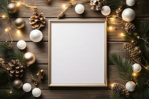 Natale sfondo con vuoto carta e decorazioni su un' di legno tavolo. foto