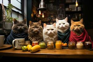 gatti nel un' bar gatti raccolta nel un' bar con Alimenti ai generativo foto