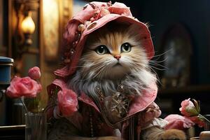 carino soffice gatto nel un' rosa completo da uomo e cappello si siede nel un' Vintage ▾ camera. ai generativo foto