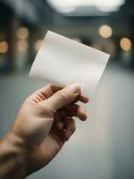 un' mano Tenere un' pezzo di pianura bianca carta con un' sfocato sfondo, ai generato. foto