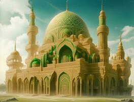 bellissimo e lussuoso moschea costruzione, dominante colori verde e oro, ai generato foto