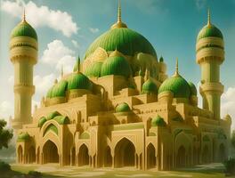 bellissimo e lussuoso moschea costruzione, dominante colori verde e oro, ai generato foto