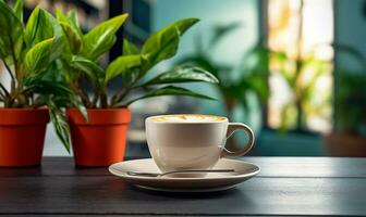 caffè tazza a fianco un' pianta. ai generato foto