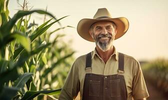 un' moderno contadino in piedi nel un' Mais campo. ai generato foto