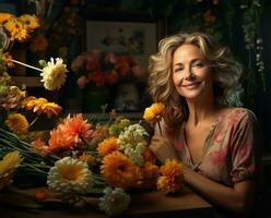 un' allegro di mezza età donna, radiante calore e contentezza, si siede comodamente nel sua domestico cucina. ai generato foto