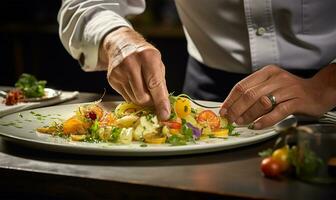 moderno cibo dello stilista mani ad arte decorazione un' pasto per presentazione nel un' fascia alta ristorante. ai generato foto