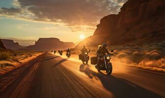 un' gruppo di motociclo piloti crociera insieme su un' strada. ai generato foto