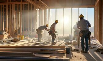 lavoratori diligentemente installazione porte e finestre nel un' nuovo Residenziale costruzione. ai generato foto