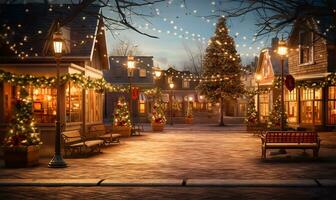 villaggio piazza ornato con scintillio Natale luci. ai generato foto