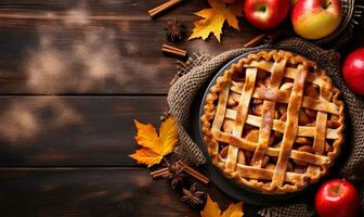 tradizionale Mela torta, un' delizioso rappresentazione di autunno con autunno le foglie e un' aspersione di cannella. ai generato foto