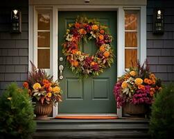 meravigliosamente artigianale autunno ghirlanda adornare un' ricco verde davanti porta, integrato di abile autunno fiore pentola accordi grazia il passi. ai generato foto