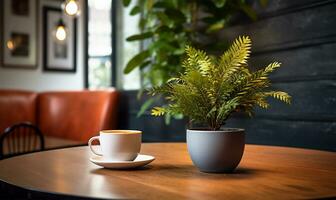 caffè tazza a fianco un' pianta. ai generato foto