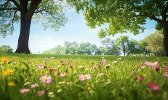 pittoresco primavera radura con fioritura flora e alberi impostato contro un' chiaro blu cielo. ai generato foto