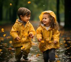 esuberante figli, ornato nel luminosa giallo impermeabili e accoppiamento pioggia stivali, deliziosamente spruzzo attraverso pozzanghere durante un autunnale acquazzone. ai generato foto