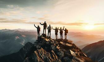 un' gruppo di amici Tenere mani vicino il vertice di un' montagna, simboleggiante lavoro di squadra e collettivo risultato. ai generato foto