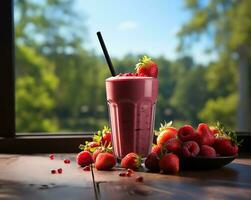 fragola frullato nel un' bicchiere. ai generato foto