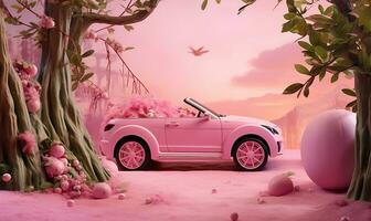 un' rosa auto giocattolo posizionato nel un' ambientazione quello complementi suo giocoso natura. ai generato foto