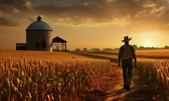 un' contadino passi avanti con fiducia attraverso un' Mais campo, il presto alba leggero getto un' dolce splendore al di sopra di il alto steli. ai generato foto