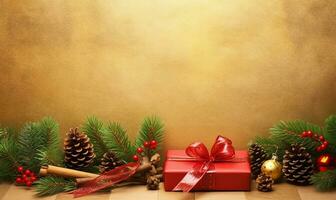 elegante Natale composizione su un' scintillante leggero oro sfondo. ai generato foto