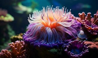un' ipnotizzante avvicinamento di un' mare anemone. ai generato foto