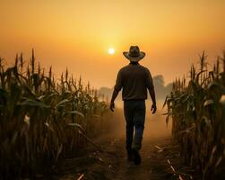 un' contadino passi avanti con fiducia attraverso un' Mais campo, il presto alba leggero getto un' dolce splendore al di sopra di il alto steli. ai generato foto