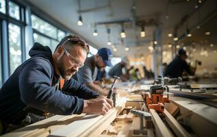 costruzione lavoratori meticolosamente Lavorando su installazione un' porta, cattura il precisione e abilità coinvolti nel il processi. ai generato foto