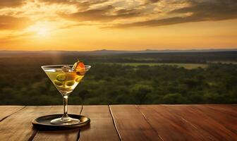 cocktail su un' di legno ponte prospiciente il africano savana safari paesaggio. ai generato foto