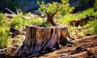 giovane albero germinazione a partire dal il cuore di un invecchiato. ai generato foto