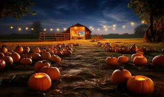 vivido diffusione di zucche disteso attraverso un' azienda agricola durante un' vivace autunno autunno Festival. ai generato foto